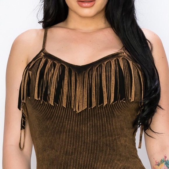T-Party Fringe Front Cami Tank Top! Mineral Washed Brown - Picture 5 of 8